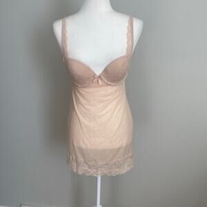 Victoria’s Secret Romantic Lace Chemise Slip Nude Shimmery 34C Lacy Lingerie